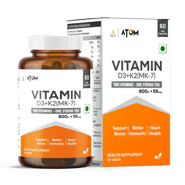 ATOM Vitamin D3 & K2 (MK-7) I 60 Veg Capsules exp 2027 ( FREE DELIVERY )