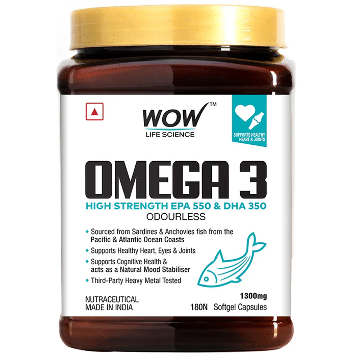 WOW Life Science 1300mg Omega 3 | Softgel Capsule for Heart, Brain, Eye & Joint Health � bottle of 180 soft gelatin capsules ( FREE DELIVERY )